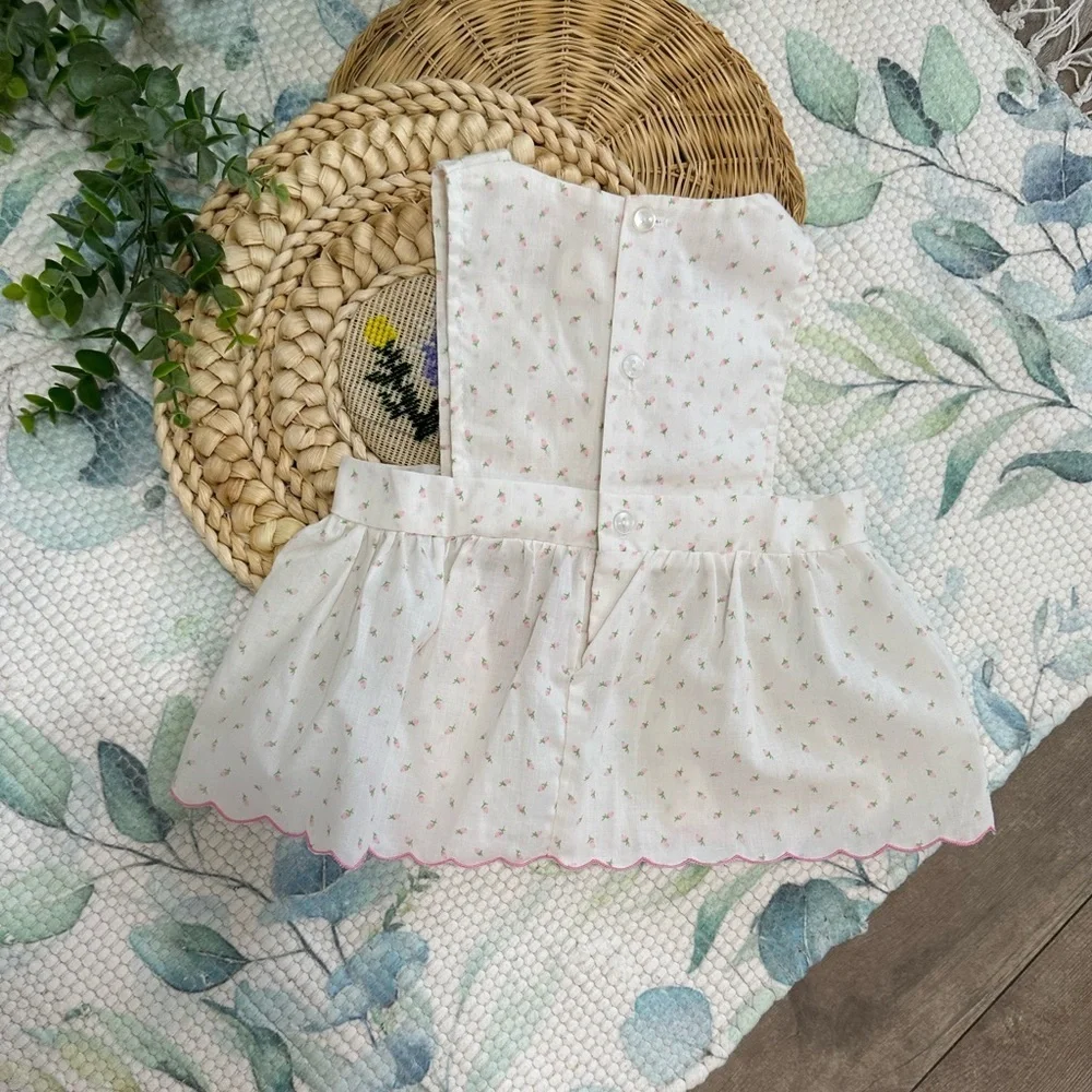 Vintage Baby Girl Delicate White Pink Tulip Floral Jumper Dress Size 9 Months